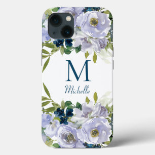 Elegant Blue Floral Monogram Name iPhone 13 Case