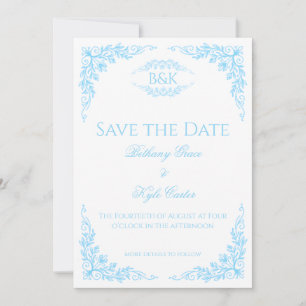 Elegant Blue Floral Monogram Save The Date Card