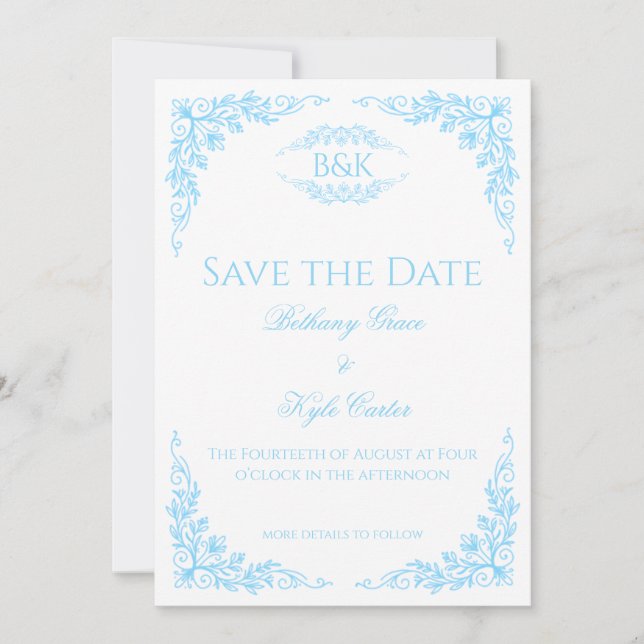 Elegant Blue Floral Monogram Save The Date Card (Front)