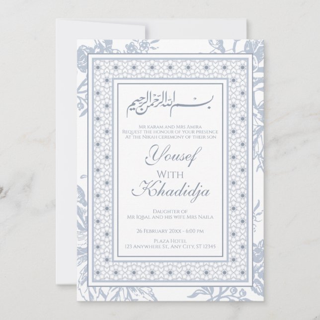 Elegant blue floral Muslim Nikah Invitation (Front)