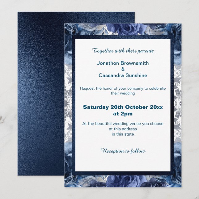 ELEGANT BLUE FLORAL NAVY TRIM WEDDING INVITATION (Front/Back)