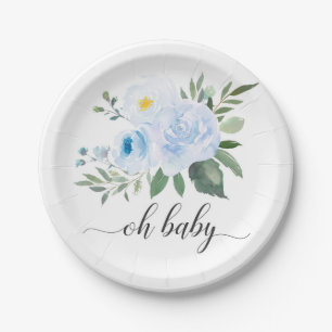 Elegant Blue Floral Oh Baby Shower Plate