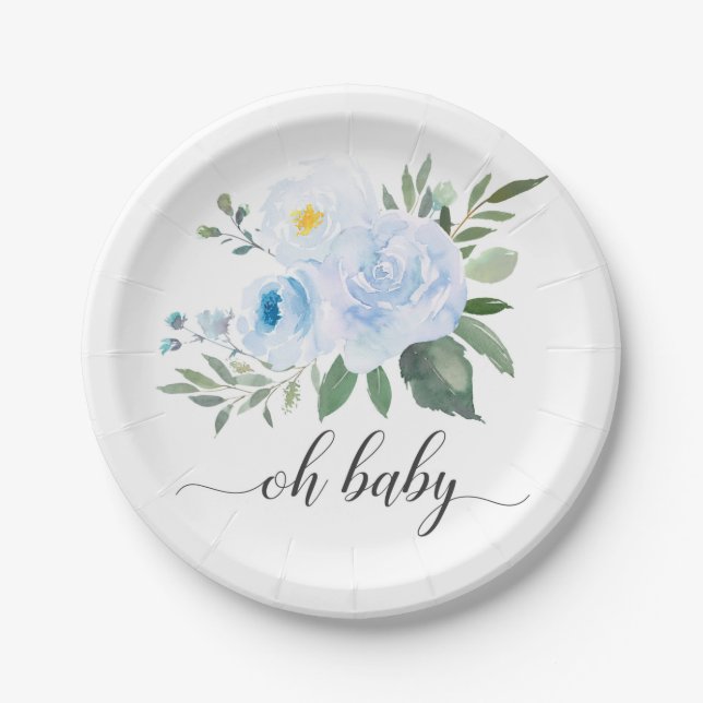 Elegant Blue Floral Oh Baby Shower Plate (Front)