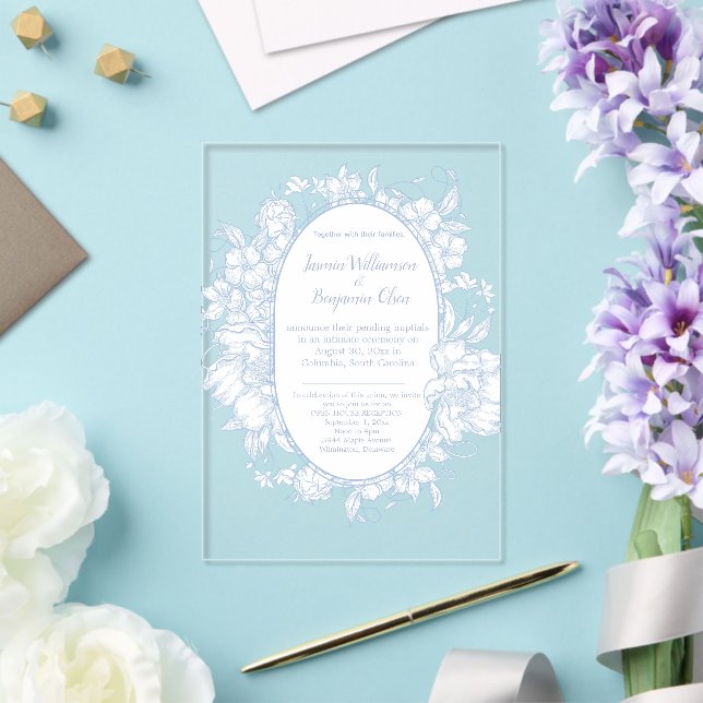 Elegant Blue Floral Open House Wedding Reception I Acrylic Invitations (Insitu (Wedding))