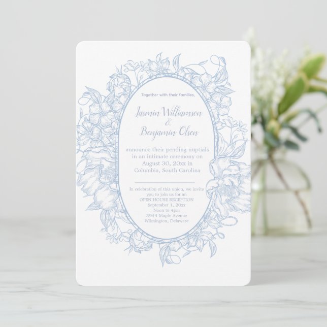Elegant Blue Floral Open House Wedding Reception I Invitation (Standing Front)