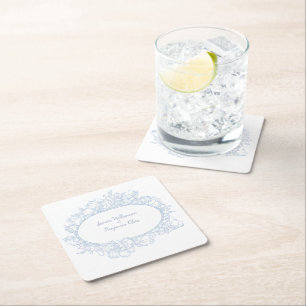 Elegant Blue Floral Open House Wedding Reception I Square Paper Coaster