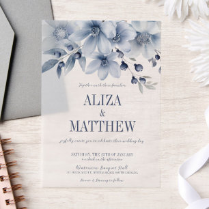 Elegant Blue Floral Overlay Wedding Vellum Invitations
