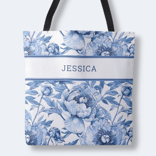 Elegant Blue Floral Pattern Cute Botanical Flowers Tote Bag