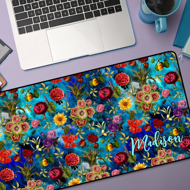 Elegant blue Floral pattern monogram  Desk Mat (Creator Uploaded)