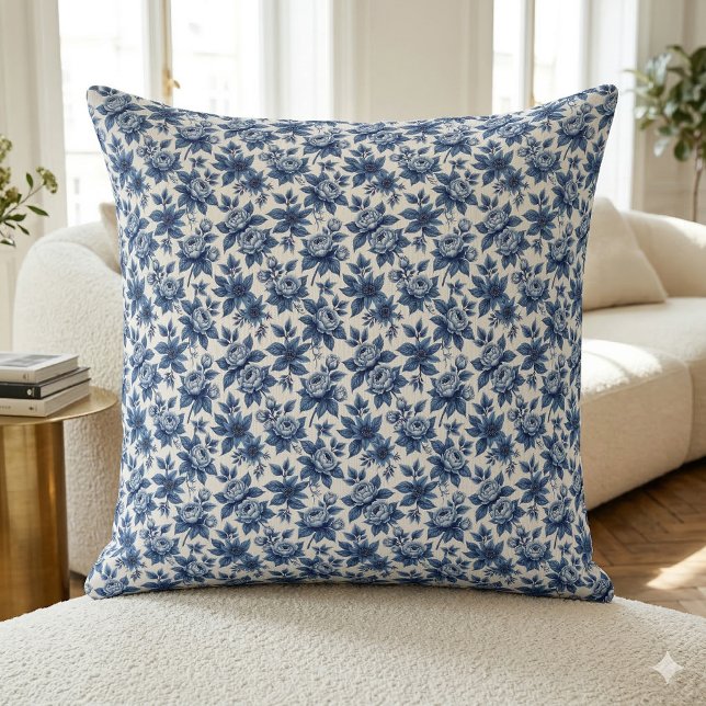 Elegant Blue Floral Pattern Vintage Peonies Cushion (Elegant Blue Floral Pattern Vintage Peonies Throw Pillow Mockup A)
