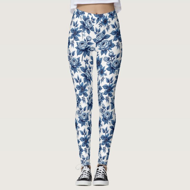 Elegant Blue Floral Pattern Vintage Peonies Leggings (Front)