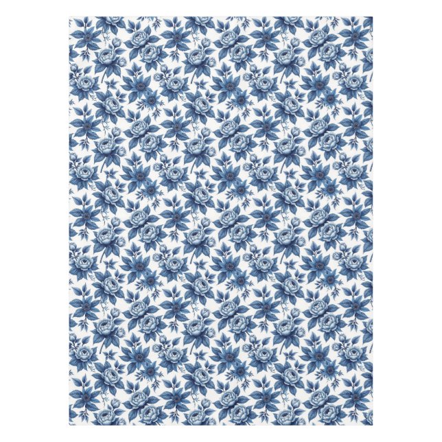 Elegant Blue Floral Pattern Vintage Peonies Tablecloth (Front)