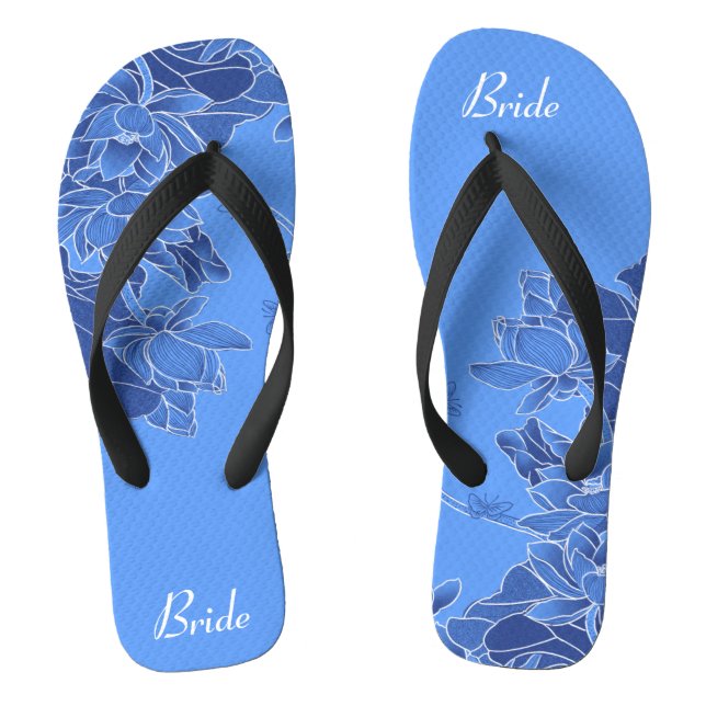 Elegant Blue Floral Pattern Wedding Bride Flip Flops (Footbed)