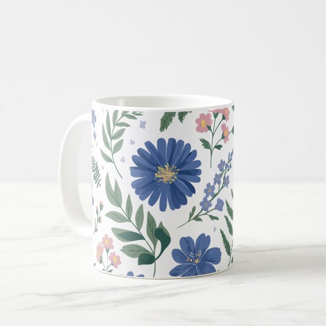 Elegant Blue Floral Pattern with Fresh Greenery Coffee Mug (Front Left)