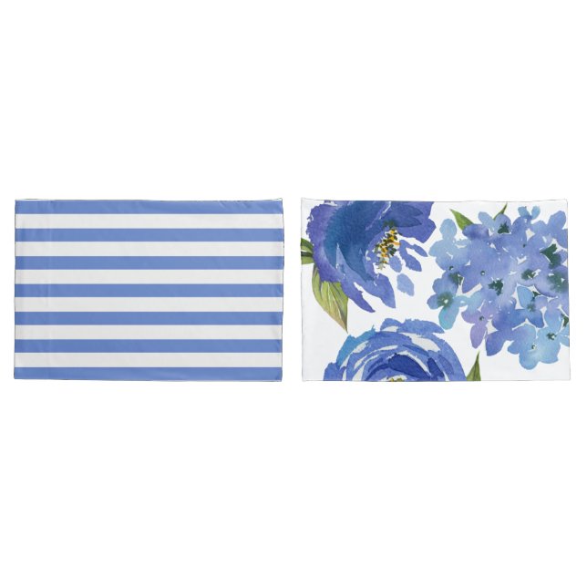 Elegant Blue Floral Peonies and Stripes Pillowcase (Back-Set)