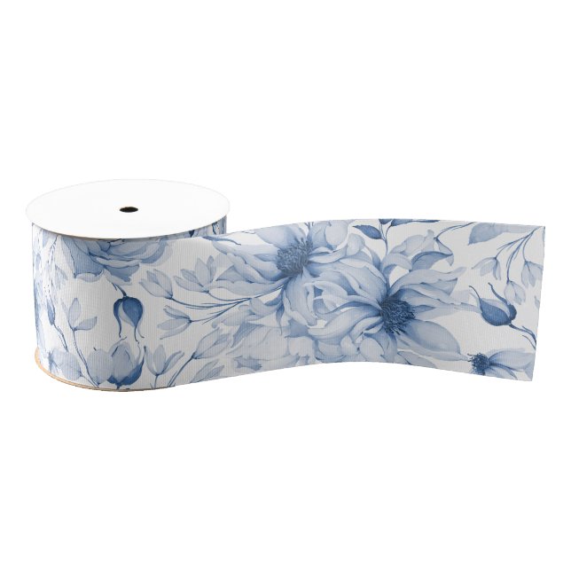 Elegant Blue Floral Peony Grosgrain Ribbon (Spool)
