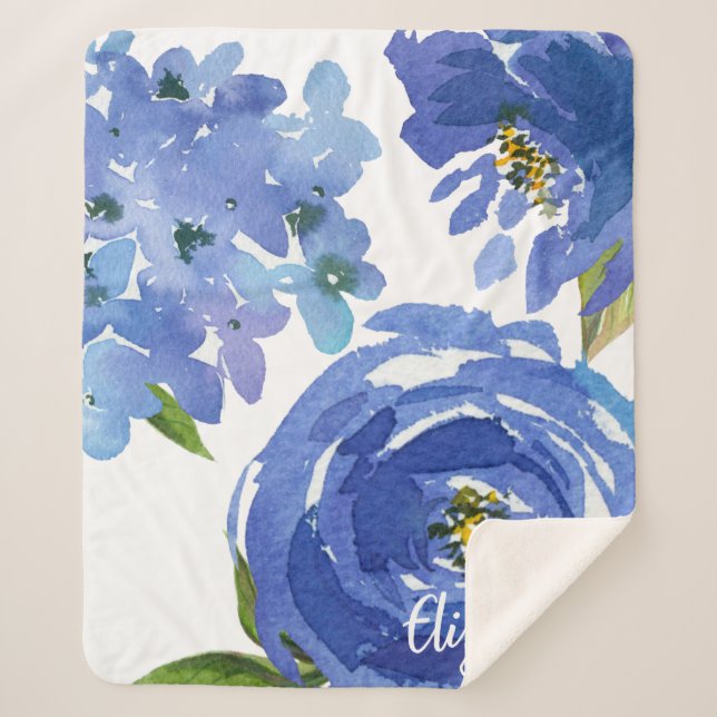 Elegant Blue Floral Peony Watercolor Personalised Sherpa Blanket (Front)