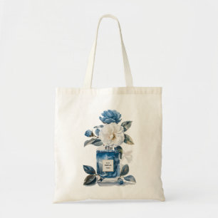 Elegant Blue Floral Perfume Bottle Watercolor Tote Bag