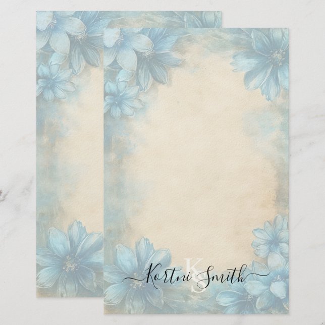 Elegant Blue Floral Personalised Stationery (Front/Back)