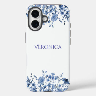 Elegant Blue Floral Personalized  iPhone 16 Case
