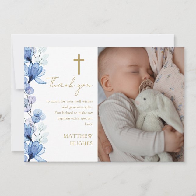 Elegant Blue Floral Photo Baptism Christening Thank You Card (Front)