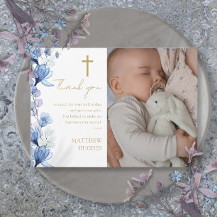Elegant Blue Floral Photo Baptism Christening Thank You Card