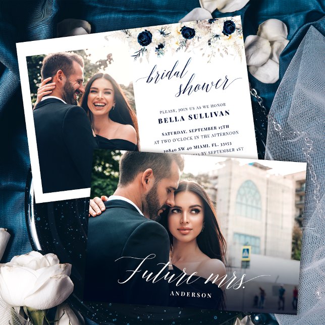 Elegant Blue Floral Photo Bridal Shower Invitation (Creator Uploaded)