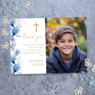 Elegant Blue Floral Photo Confirmation Thank You Card