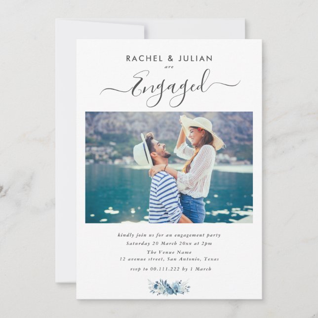 Elegant blue floral photo engagement party invitation (Front)
