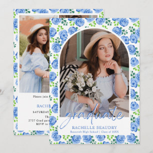 Elegant Blue Floral Photo Graduation Party Invitation