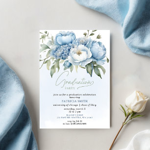 Elegant Blue Floral Photo Graduation Party Invitation