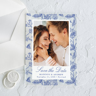 Elegant Blue Floral Photo Wedding Save the Date Acrylic Invitations