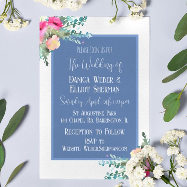 Elegant Blue Floral Pink Rosebud Elegant Wedding Invitation (Creator Uploaded)
