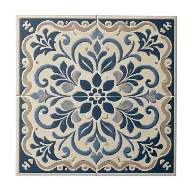 Elegant Blue Floral - Portuguese Azuljo Design Tile (Front)
