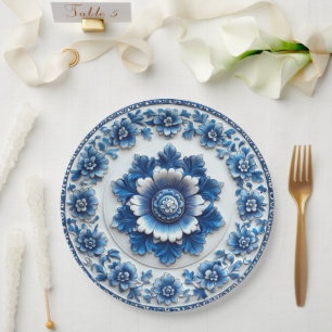 Elegant Blue Floral Pottery Inspired Paper Plate
