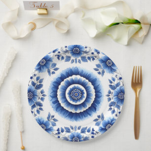 Elegant Blue Floral Pottery Inspired Paper Plate
