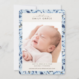 Elegant Blue Floral Print Photo Birth Announcement