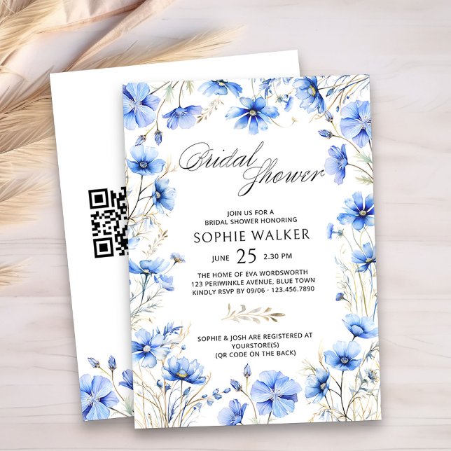 Elegant Blue Floral QR Code Bridal Shower Invitation (Something Blue Bridal Shower Invitation with QR Code and Floral Frame)