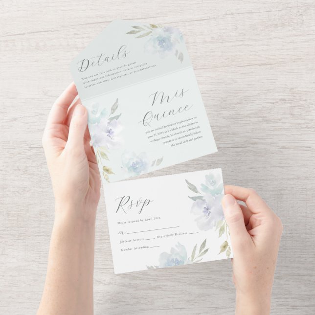 Elegant Blue Floral Quinceanera 15 Years All In One Invitation (Tearaway)