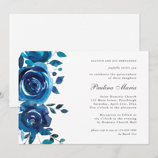 Elegant Blue Floral Quinceañera Invitation (Front/Back)