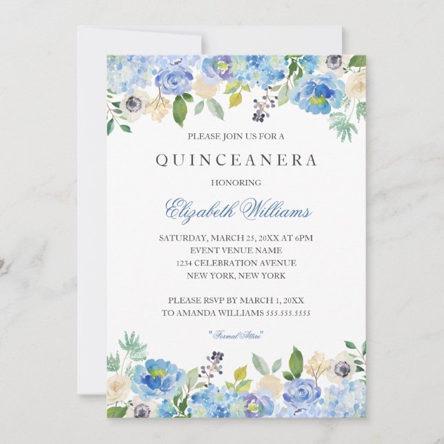 Elegant Blue Floral Quinceanera Invitation (Front)