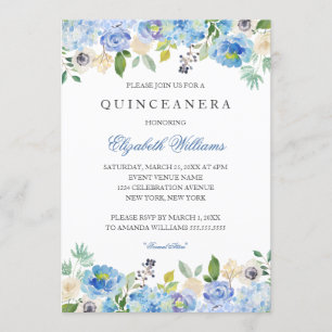 Elegant Blue Floral Quinceanera Invitation