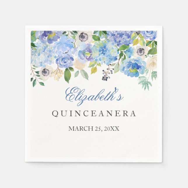 Elegant Blue Floral Quinceanera Napkin (Front)