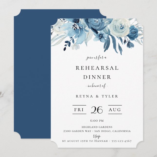 Elegant Blue Floral Rehearsal Dinner Invitation (Front/Back)