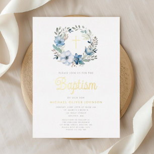 Elegant Blue Floral Religious Boy Baptism 