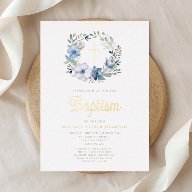 Elegant Blue Floral Religious Boy Baptism  (Elegant Blue Floral Religious Boy Baptism Foil Invitation)