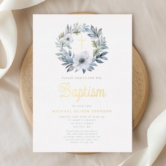Elegant Blue Floral Religious Boy Baptism  (Elegant Blue Floral Religious Boy Baptism Foil Invitation)
