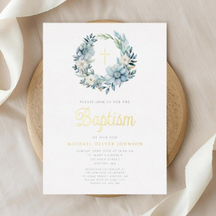 Elegant Blue Floral Religious Boy Baptism Gold