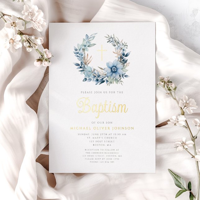 Elegant Blue Floral Religious Boy Baptism Gold (Elegant Blue Floral Religious Boy Baptism Gold Foil Invitation)