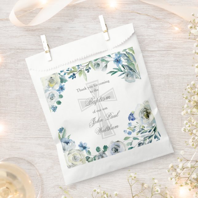 Elegant Blue Floral Religious Cross Baptism Favour Bags (Clipped)